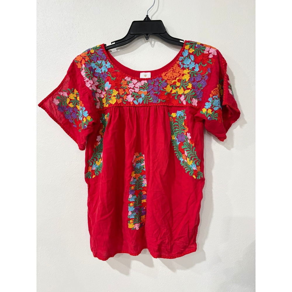 J. Marie Red Floral Embroidered Peasant Blouse Short Sleeve Boho Top Small - Picture 2 of 7